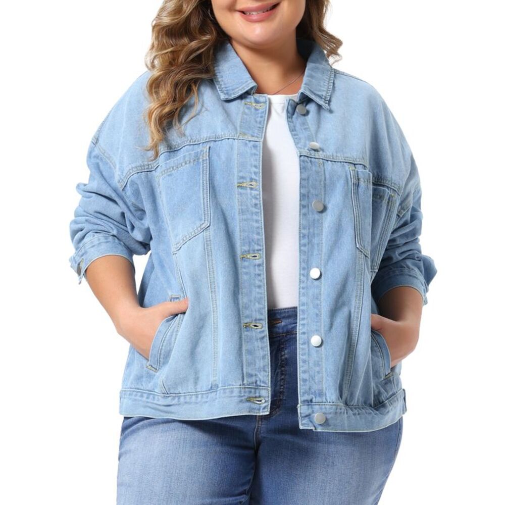 Women Plus Size Button Washed Western Denim Jacket Light Blue
